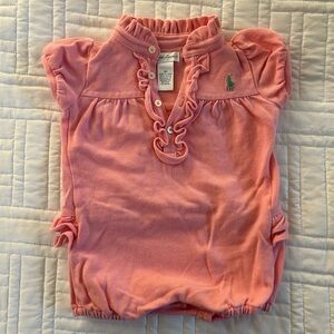 Ralph Lauren Pink Polo shortall with Ruffled Neckline and tushie (9mos)